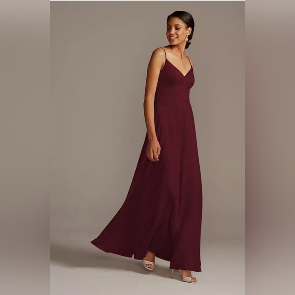 David's Bridal Long V Neck Strappy Bridesmaid Dress, Wine, Size 4